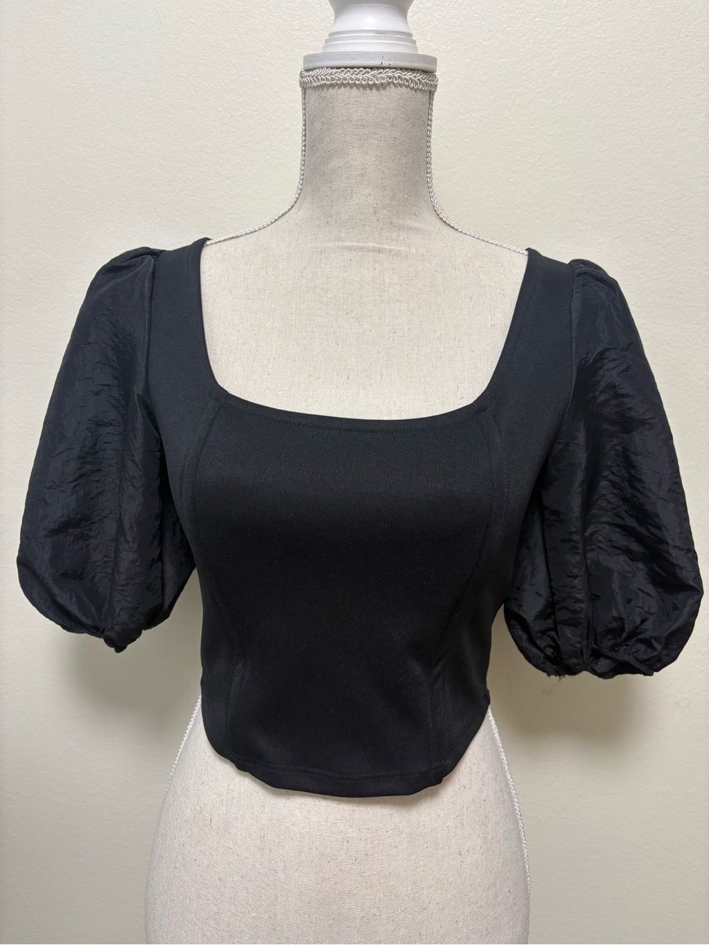 Topshop Black Puff Sleeve Square Neck Corset Crop Top